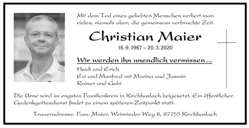 Todesaanzeige Christian Maier