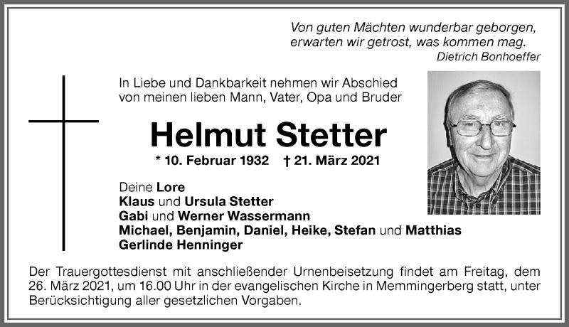 Todesanzeige Helmut Stetter