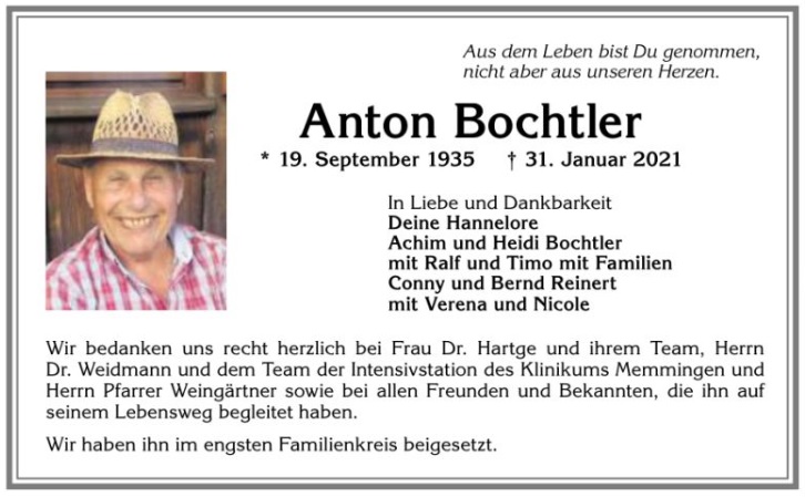 Todesanzeige Toni Bochtler