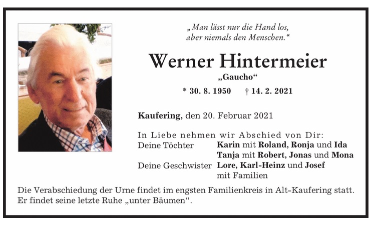 Todesanzeige Werner Hintermeier
