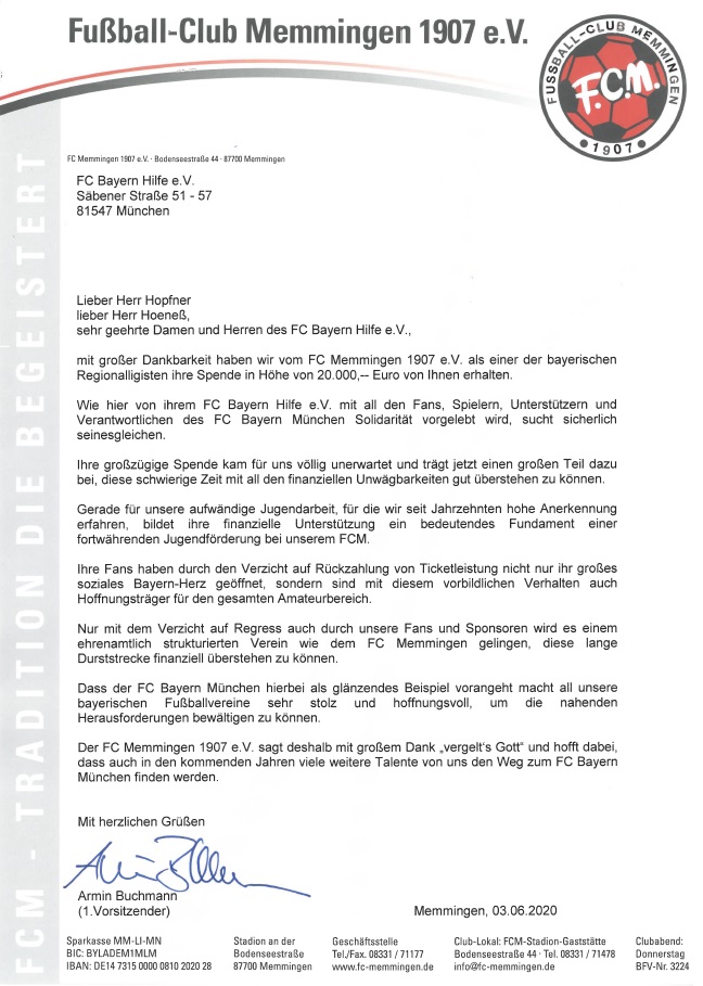 Dankschreiben FC Bayern Hilfe
