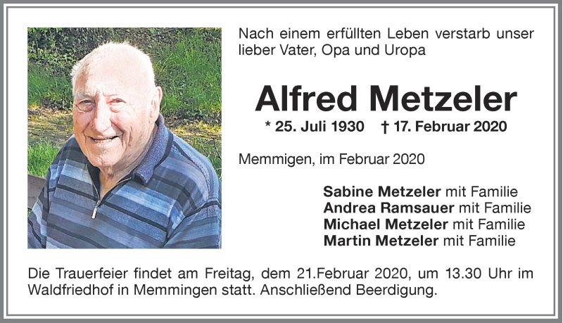 Todesanzeige Alfred Metzeler