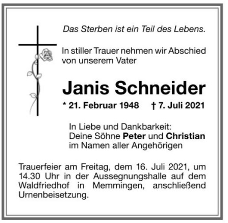 Todesanzeige Janis Schneider