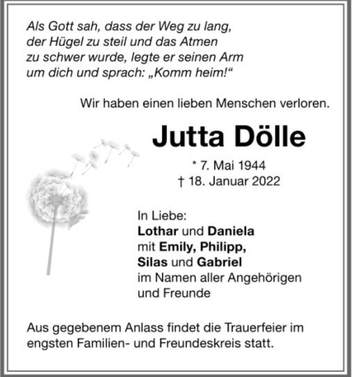 Todesanzeige Jutta Doelle