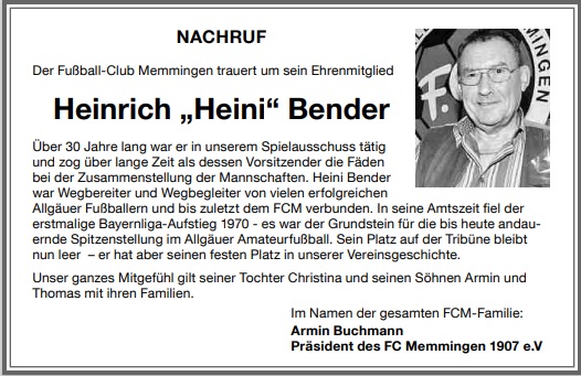 Nachruf Heini Bender