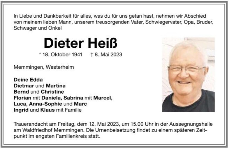 Todesanzeige Dieter Heiss