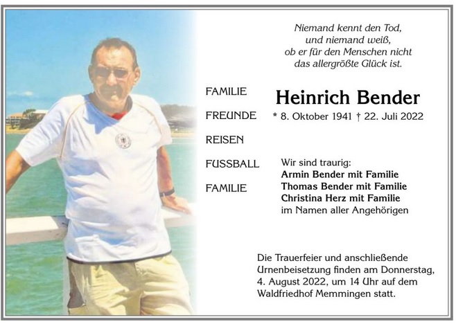 Todesanzeige Heini Bender