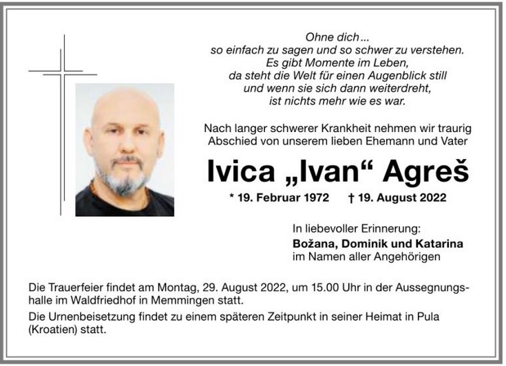 Todesanzeige Ivan Agres