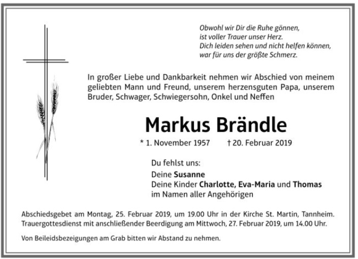 Todesanzeige Markus Braendle